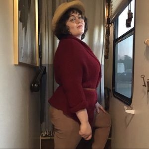 red knit cardigan sweater with pockets